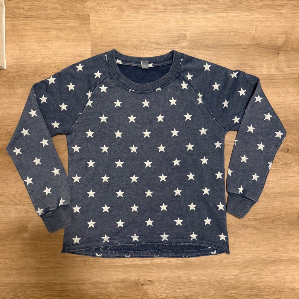Alternative Apparel Star Print Sweatshirt Blue Raglan Raw Hem Small